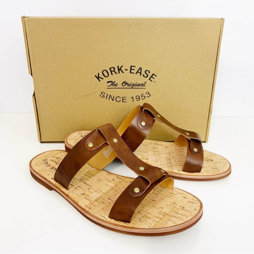 Kork Ease NEW Basel Brown Leather T-Strap Comfort Slip-On Sandals